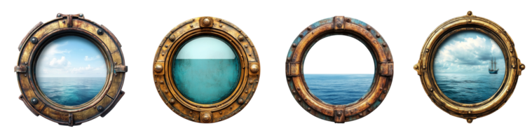Antique Portholes Showcasing Ocean Views and A Sailing Ship png