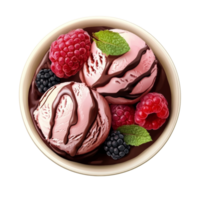 Delicious Raspberry Ice Cream with Chocolate Sauce and Berries png