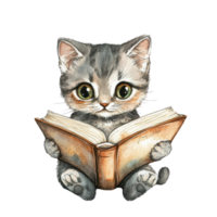 A cute cat reading a book, capturing the essence of curiosity and imagination. png