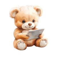 A cute teddy bear sitting while holding a tablet, representing playful technology use. png