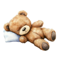 A cute teddy bear peacefully sleeping on a soft pillow, evoking comfort and joy. png