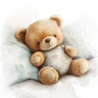 A cute plush teddy bear sitting on a soft pillow in a cozy setting. png