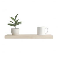 A simple shelf with a potted plant and a white coffee mug, enhancing a cozy atmosphere. png
