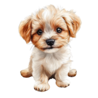 Adorable puppy with fluffy fur, sitting and looking curiously at the viewer. png