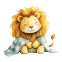 Cute cartoon lion wrapped in a blanket with a cheerful expression. png