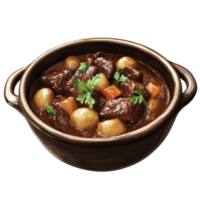 Delicious beef stew with vegetables served in a rustic brown pot. png