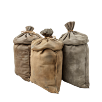 Three burlap sacks filled with material one partially open, rustic texture, neutral tones png