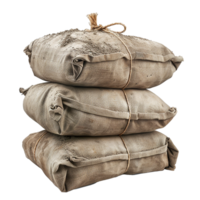 Three burlap sacks filled with soil stacked high rustic texture png