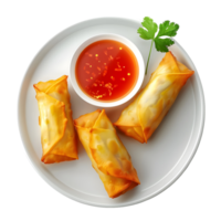 Plate of Golden Spring Rolls with Dipping Sauce Isolated on Transparent Background png