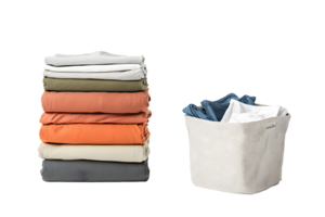 Neatly Folded Clothes Stack And Laundry Basket png