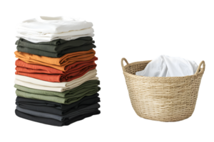 Neatly Folded Stack Of T-Shirts In Earthy Tones Next To A Rustic Woven Basket png