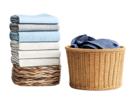 Neatly Stacked Towels and Laundry Basket in a Rustic Setting png