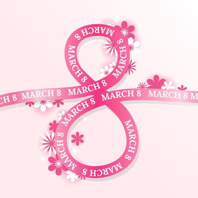 Elegant 8th March ribbon design for International Women's Day. Pink ribbon forming number eight with text 8th March decorated with bright floral elements on soft pink gradient background.