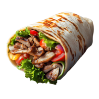 burrito with chicken, vegetables and lettuce on a white background png