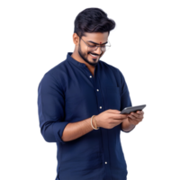 Man with Glasses and Smartphone in a Relaxed Pose png