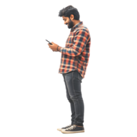 A bearded man standing and interacting with his phone on a transparent background png