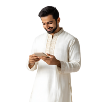 A man with a beard holding a phone while standing on a transparent background png