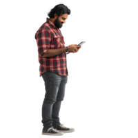 uma barbudo homem em pé com uma telefone dentro mão, conjunto em uma transparente fundo png