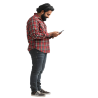A man with a beard holding his phone while standing against a transparent backdrop png
