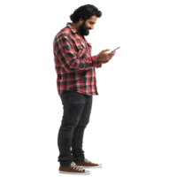 A man with a beard standing and checking his phone with no background png