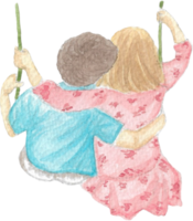 Couple Kids on Swing that are drawn and painted by hand in watercolor fine art style png