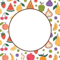 Exotic fruits round frame in doodle style. Circular copy space with fruits pattern background. Hand drawn Fruits circle border. Circular copy space template. illustration isolated on white. vector