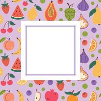 Fruit harvest festival design. Square frame with fruit pattern background in doodle style. Hand drawn Fruits Square border banner. Square copy space template. illustration isolated on white. vector