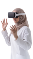 Female doctor in hijab using VR headset with expressive gestures png