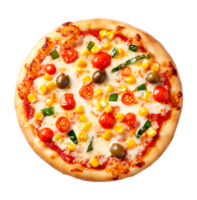A cheesy pizza with corn, tomatoes, and olives. png