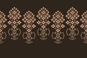 Brown color background ethnic pixel art decoration cross stitch design fabric pattern. vector