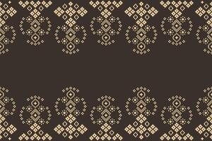 Color fabric of brown background ethnic pixel art decor cross stitch fabric pattern motif. vector