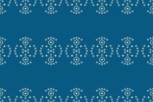 Fabric pattern with blue color background ethnic pixel art decoration cross stitch design. vector