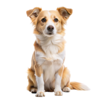 A sitting tan-and-white dog with alert eyes and a fluffy coat, gazing softly ahead. Its ears are perked up, giving a calm, attentive look, set against a transparent background png