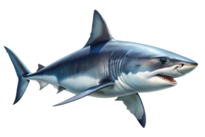 A realistic depiction of a great white shark, showcasing sharp teeth, a streamlined body, and sleek blue-gray tones. It conveys power, grace, and predatory intensity, a transparend background png