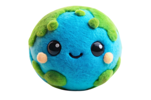 An adorable Earth plushie, featuring rosy cheeks and a soft blue surface, set against a transparent background. Green land areas are more prominent, enhancing its playful, huggable look png
