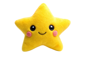 A cute yellow star plush, slightly fuller in shape, still featuring the smiling face and rosy cheeks, designed to radiate warmth and joy, set against a transparent background png
