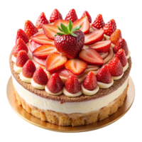 A delicious-looking cake topped with fresh strawberries and cream, arranged in a perfect circular pattern, inviting with its vibrant colors and sweet details, a transparent background png