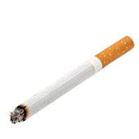 een single sigaret, gedeeltelijk verbrand, met wit papier omhulsel en een oranje filter, omringd door verspreide as Aan een zwart achtergrond png