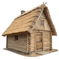 A log cabin-inspired thatched house with a wooden frame, chimney, and earthy design, blending rural aesthetics with a timeless architectural style png