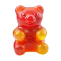 A red-orange gummy bear with a blend of yellow on its legs, featuring a glossy, chewy texture. It looks sweet, soft, and ready to be eaten, set against a transparent background png