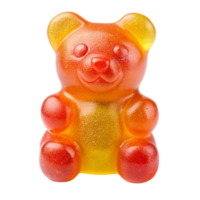 A yellow-orange gummy bear, blending from bright yellow to red. Its cheerful expression and translucent texture give it a sweet and inviting appearance, set against a transparent background png