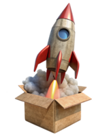 Vibrant rocket launch scene starting from a cardboard box png