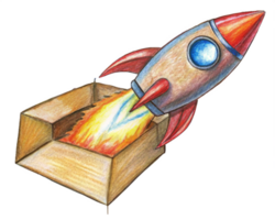 Rocket launching from cardboard box with colorful details png