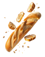 Baguette bread and slices neatly arranged on marble table png