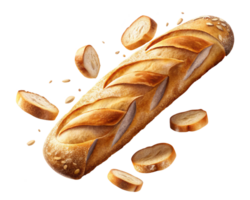 Golden baguette bread with sliced ends in natural setting png
