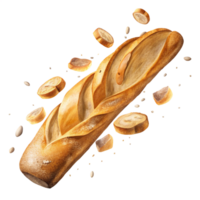 Freshly baked baguette bread with slices on rustic tray png