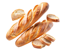 Rustic baguette loaf with slices and crumbs in natural light png