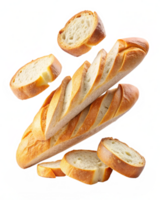 Fresh baguette bread with sliced ends on serving board png