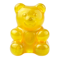 A shiny, yellow gummy bear sits upright, showcasing its translucent, jiggly texture with rounded limbs, a cute face, and an inviting smile png