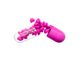 Pink capsule partially open with small pink heart-shaped objects spilling out. 3D Illustration png